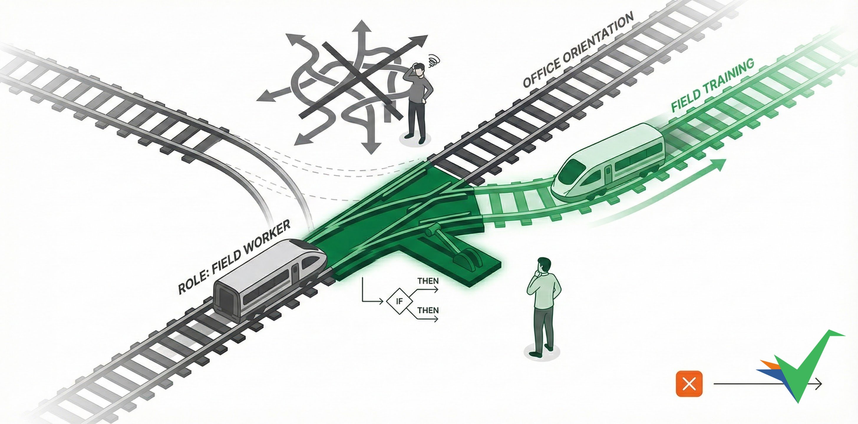 If-this-then-that automation visualized as a decision tree with conditional branches on the left flowing to different automated actions on the right - showing how simple rules create intelligent workflow behavior without complex flowcharts