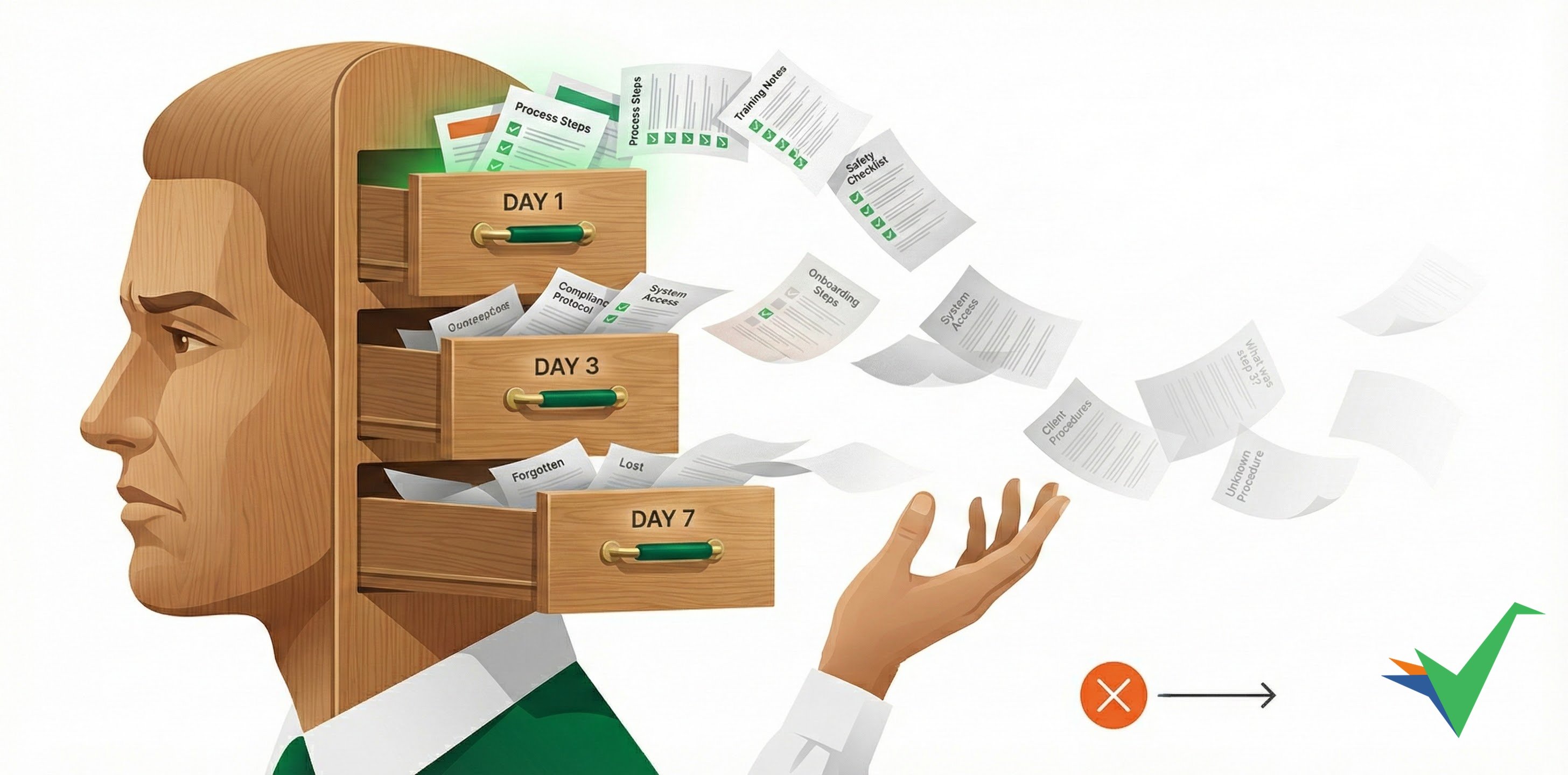 The forgetting curve visualized as a filing cabinet mind - DAY 1 drawer holds organized documents with green checkmarks, DAY 3 shows papers starting to escape, DAY 7 drawer is nearly empty with papers flying away and fading to grey, representing how 90% of training knowledge is lost within a week