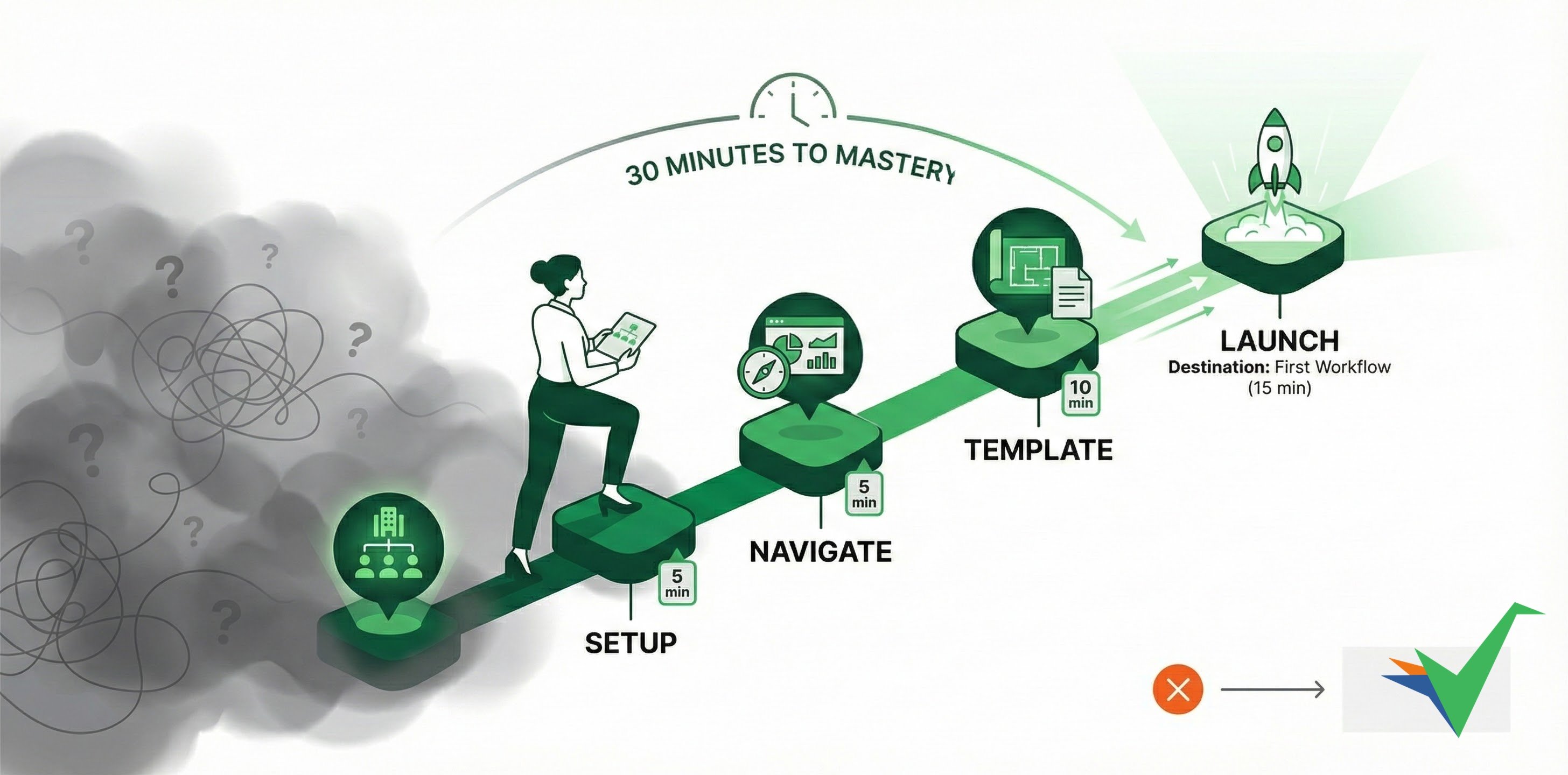 Getting started with templates visualized as a blank canvas on the left transforming into a structured workflow template with connected steps on the right - representing the journey from idea to executable process
