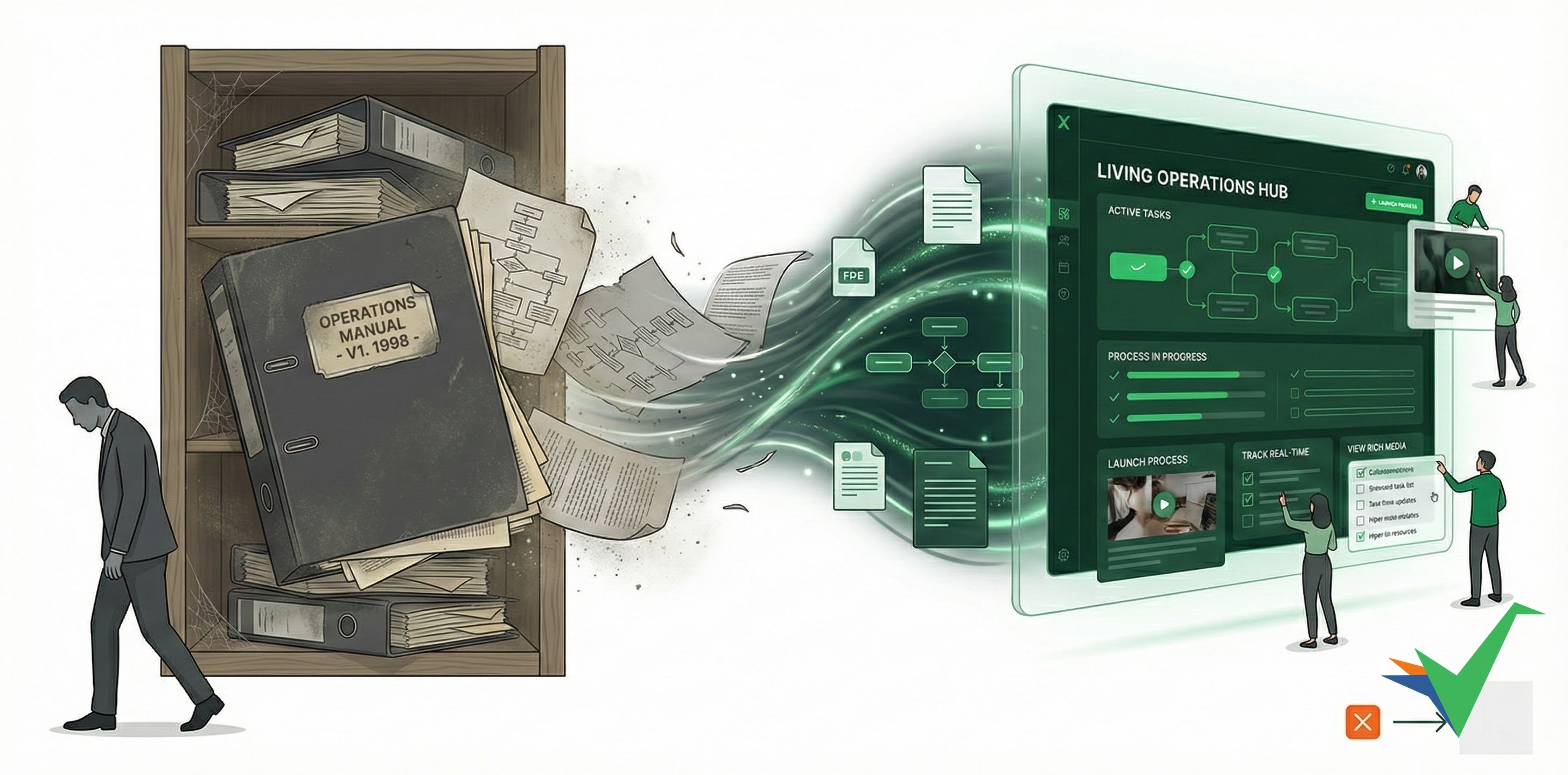 Operations manual transformation visualized as dusty binders and paper documents on the left flowing into a modern digital interface with live workflows on the right - representing the shift from static documentation to dynamic executable processes