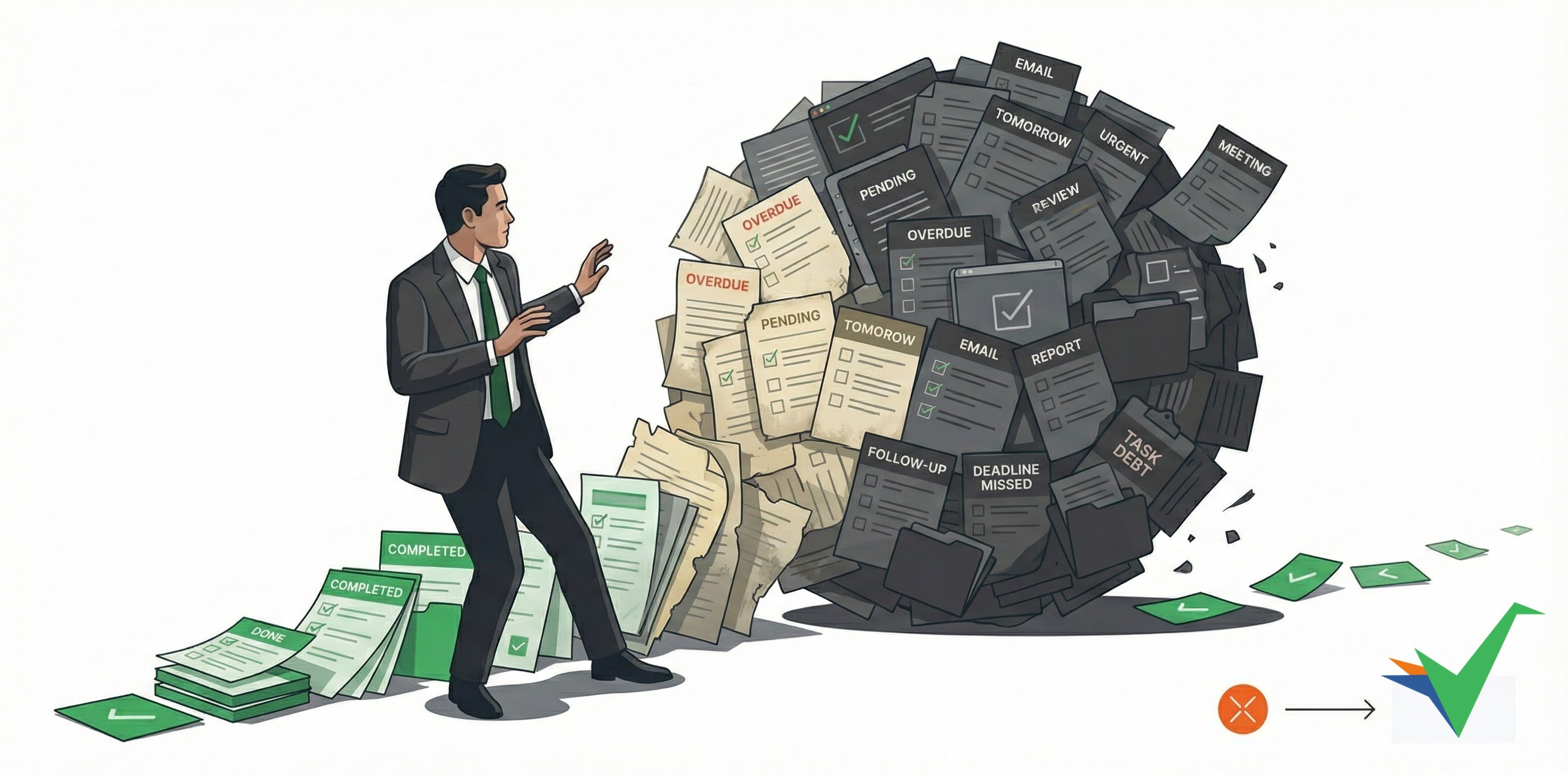 Task debt visualized as an overflowing inbox with papers flying out and piling up on the left, transforming to an organized desk with completed checkmarks on the right - representing workflow design that prevents task accumulation