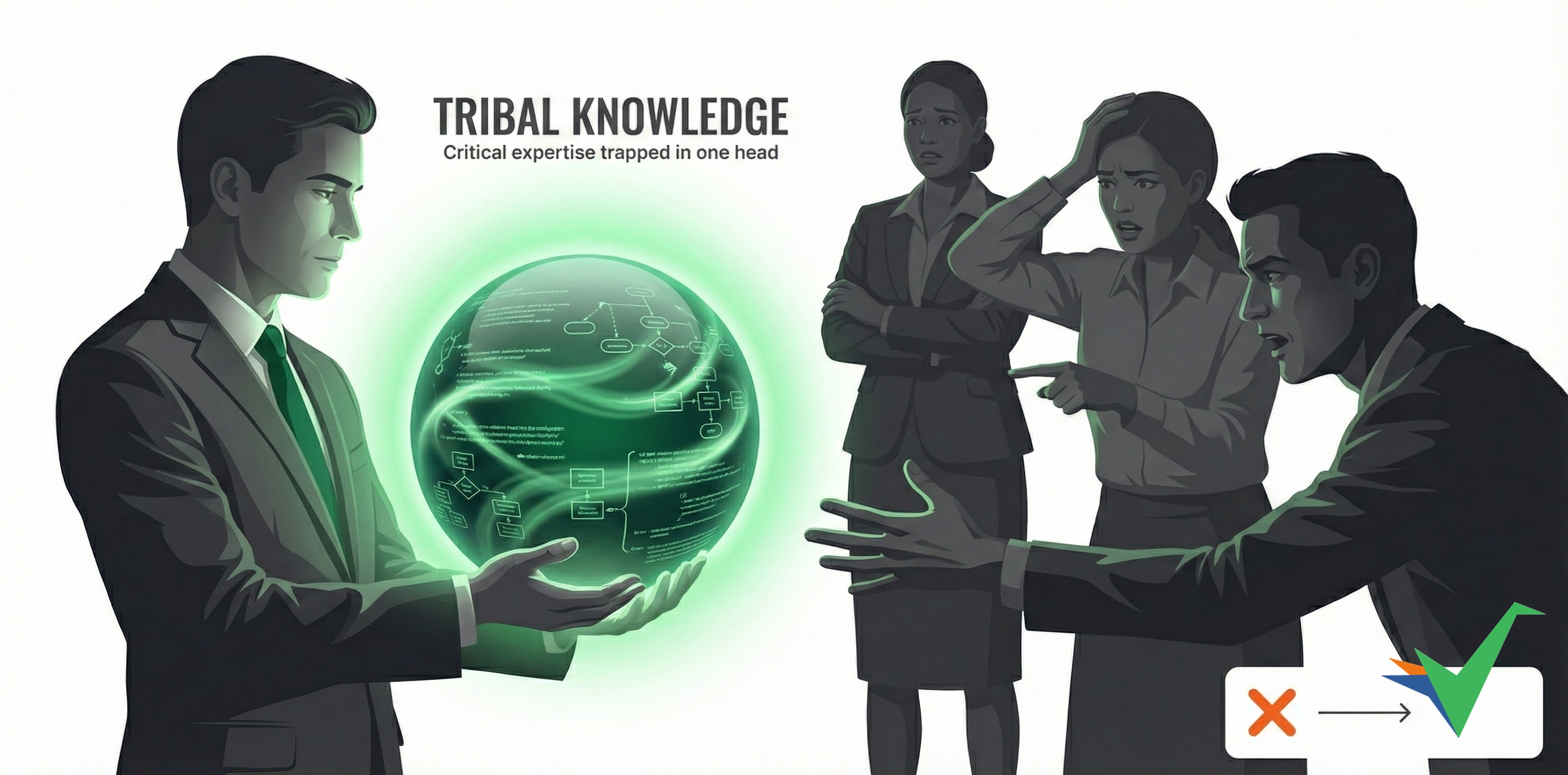Tribal knowledge visualized as a glowing orb held by one person while colleagues stand in shadows - representing critical business information trapped in individual minds rather than shared across the organization