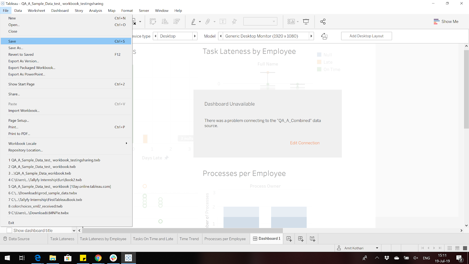 Saving the file and exiting Tableau