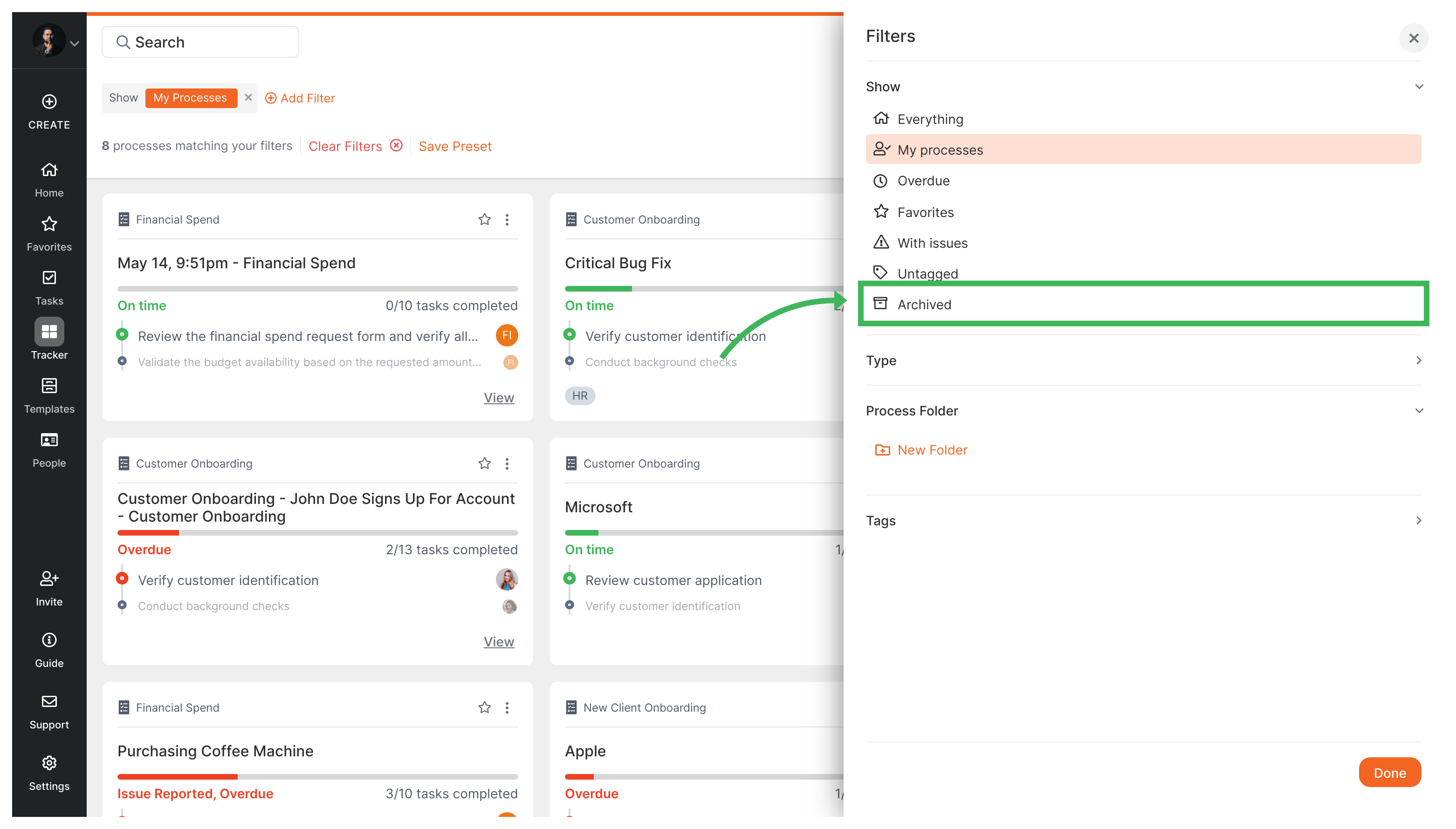 Tallyfy Pro · Edit processes - Delete a process