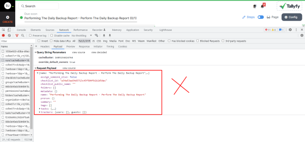 Chrome DevTools showing Tallyfy API request payload