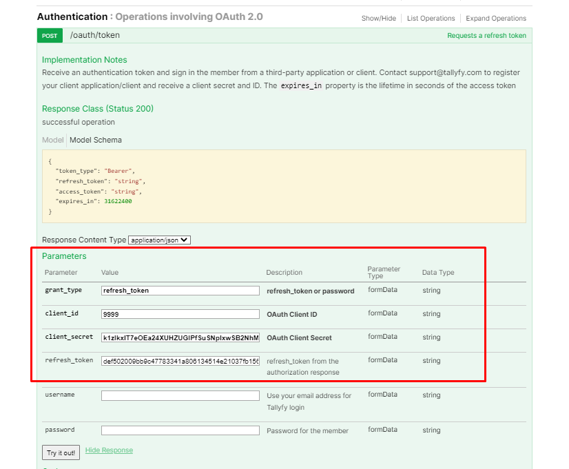 Tallyfy API OAuth token endpoint in Swagger