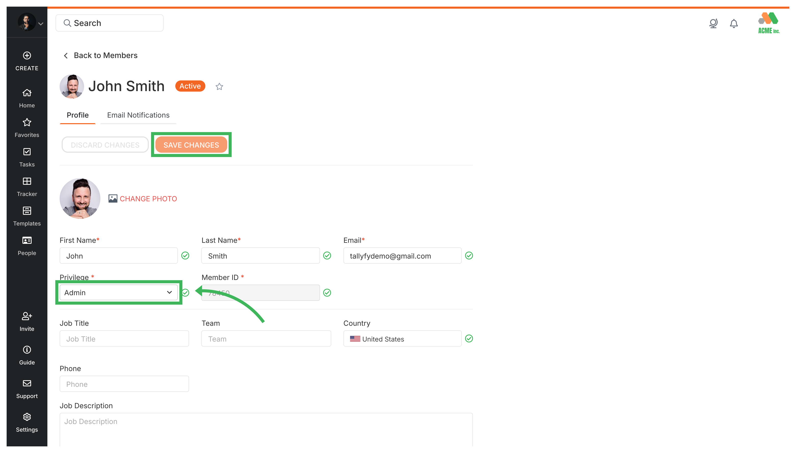 Change the role of a member · Tallyfy Pro