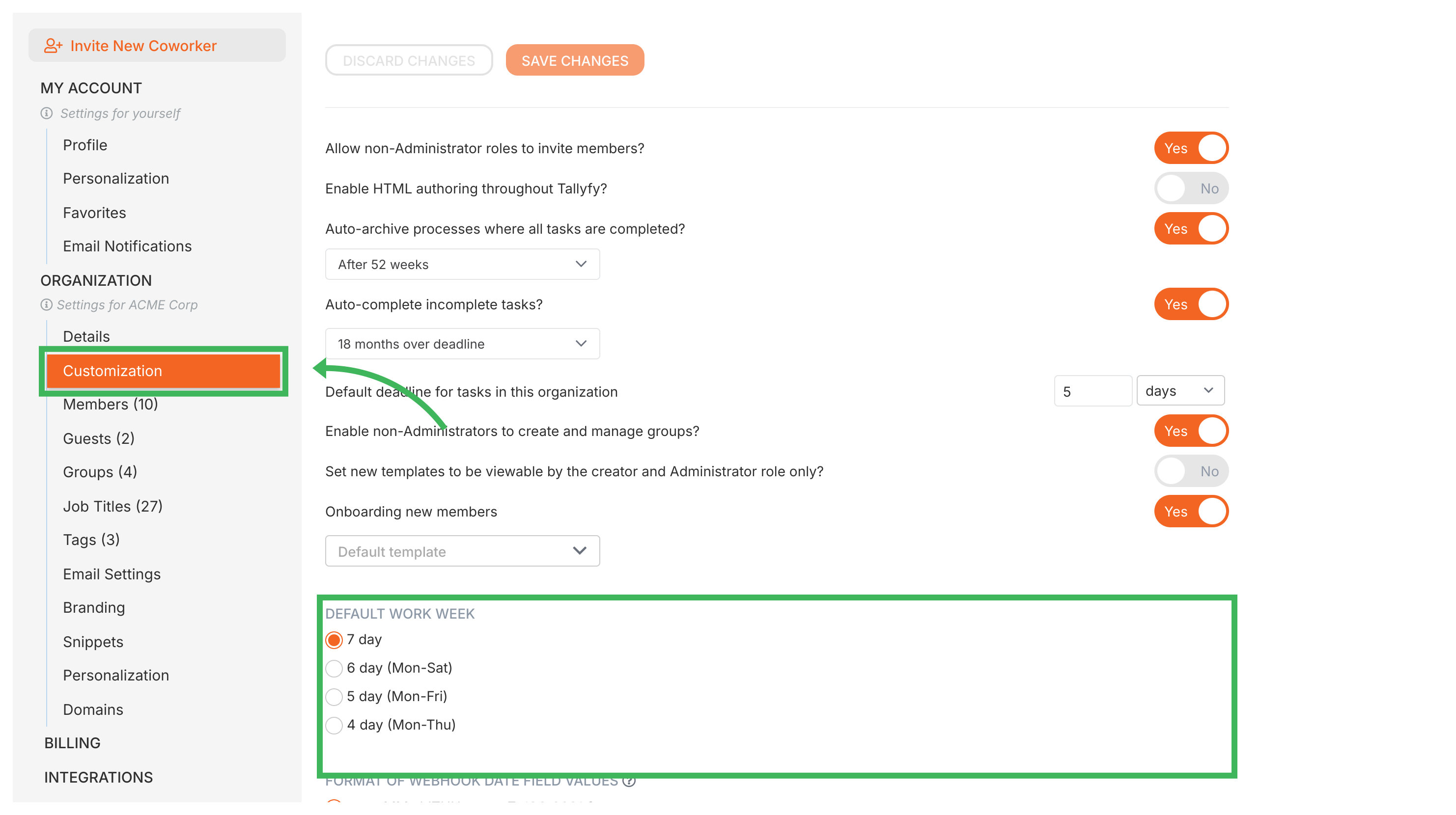 Customize work week · Tallyfy Pro