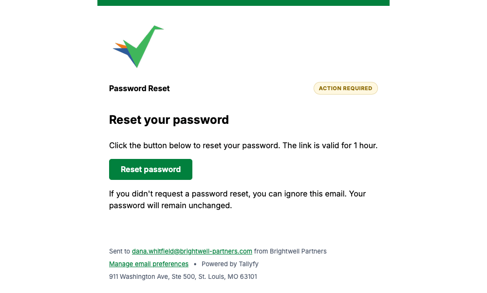 Tallyfy password reset email with a reset button and a note that the link expires in one hour