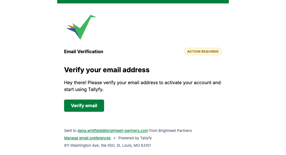 Tallyfy email verification message with a green Verify email button and an Action Required badge