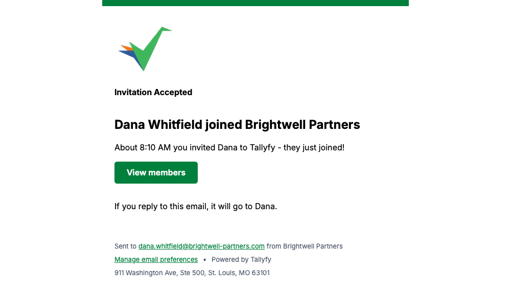 Tallyfy notice that an invited person joined the organization, with a View members button