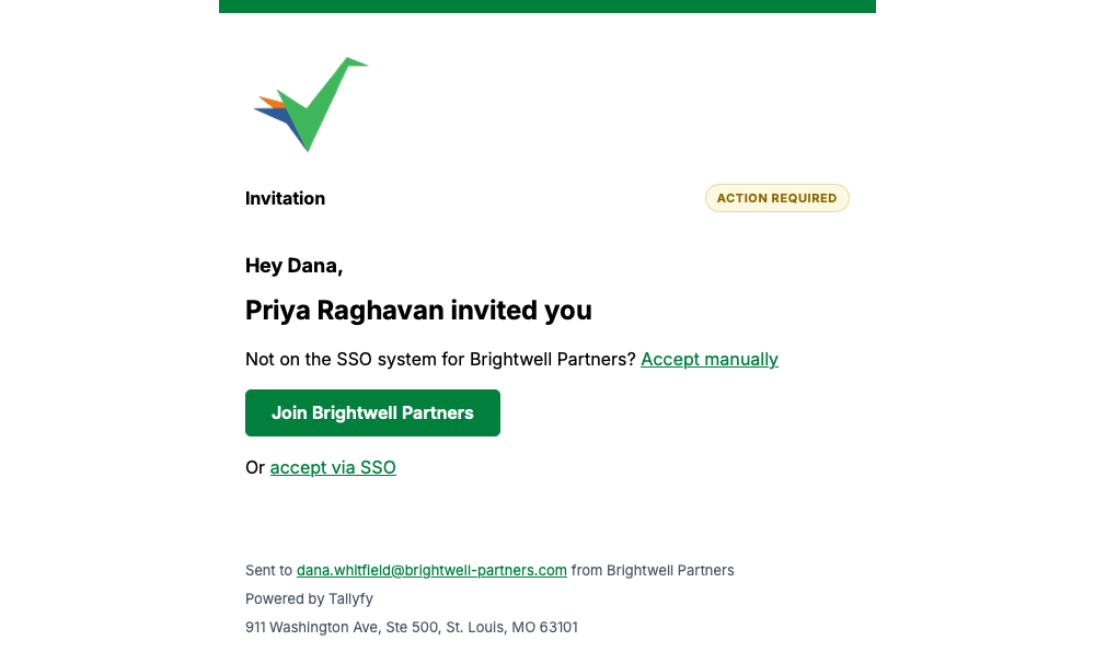 Tallyfy invitation email naming the inviter, with a join button and a separate single sign-on link