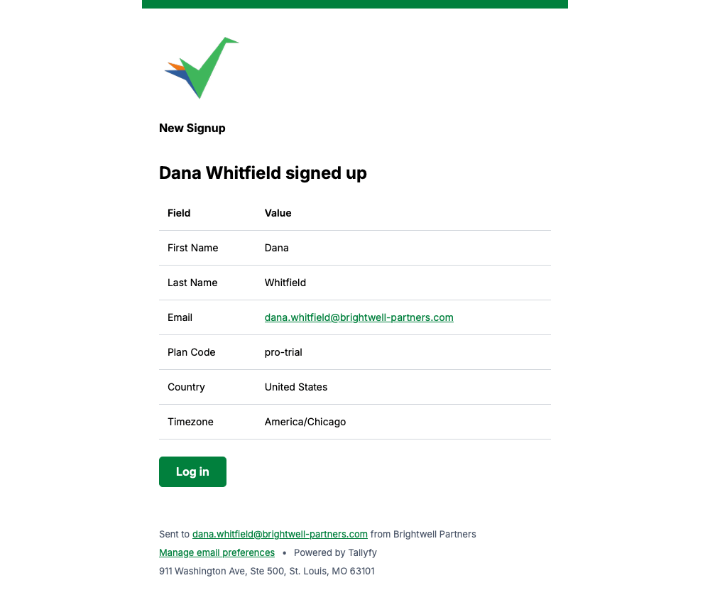 Tallyfy new signup notice with a table of the details entered, including name, email, plan and timezone