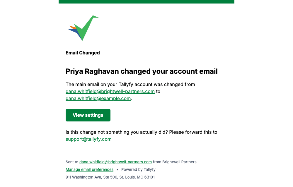Tallyfy notice that an account email changed, showing the old and new addresses and a support contact
