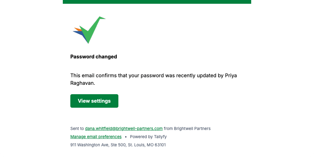 Tallyfy confirmation that an account password was recently updated, naming who changed it