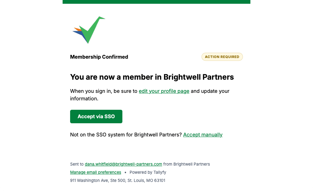 Tallyfy membership confirmation offering an Accept via SSO button and a manual alternative link