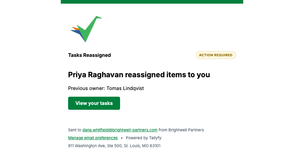 Tallyfy notice that tasks were reassigned, naming the previous owner and offering a View your tasks button