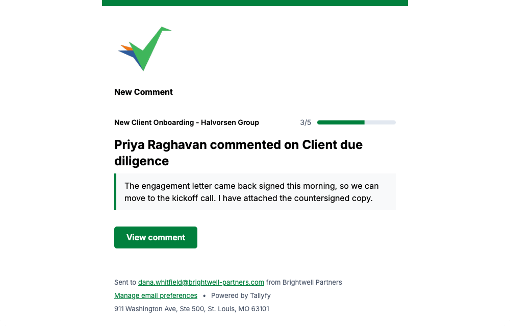 Tallyfy new comment email naming the commenter and step, with the comment quoted and a View comment button