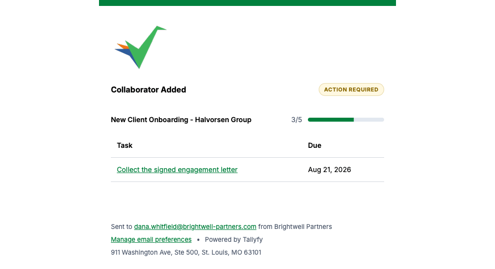Tallyfy collaborator added email naming the process, with progress at three of five and a task and due date table