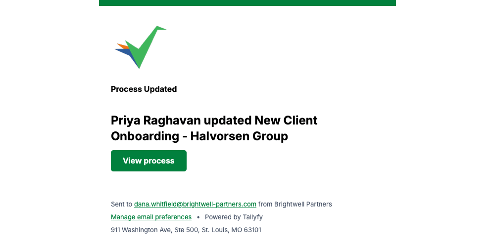Short Tallyfy notice that a named person updated a running process, with a View process button