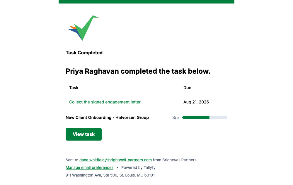 Tallyfy notice that a person completed a task, with a task and due date table and process progress at three of five