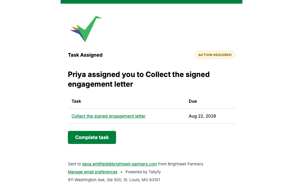 Tallyfy task assignment email with a task and due date table and a green Complete task button