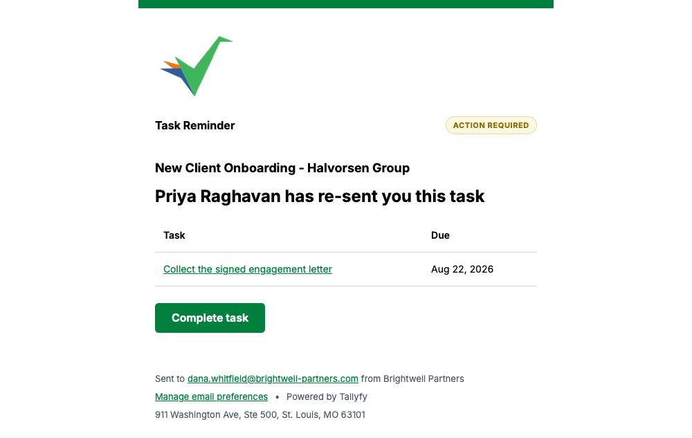 Tallyfy task reminder naming the process and the person who re-sent it, with the task and due date
