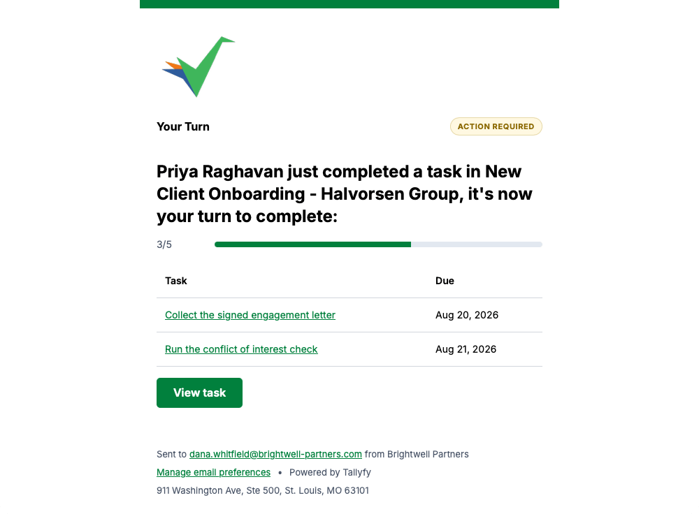 Tallyfy your turn email showing process progress at three of five and a table of two tasks with due dates
