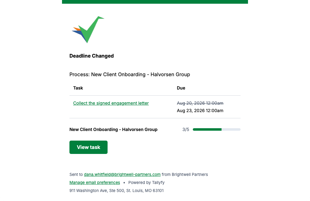 Tallyfy deadline change email showing the old due date struck through above the new one, with process progress