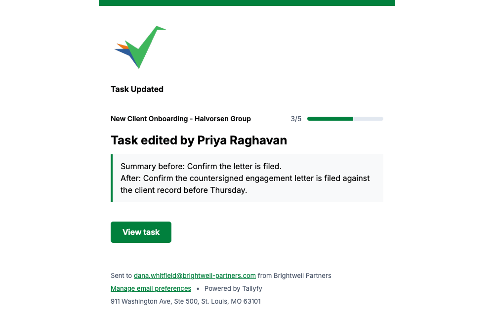 Tallyfy task update email showing the task summary before and after an edit, with process progress