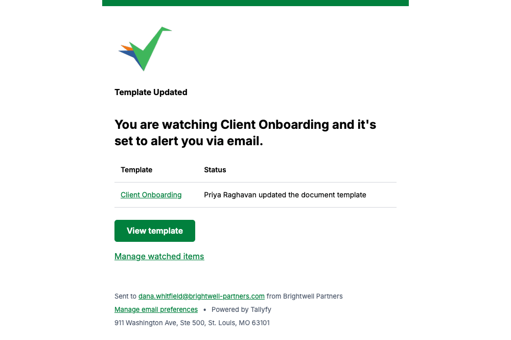Tallyfy alert that a watched document template was updated, with a status table and Manage watched items link