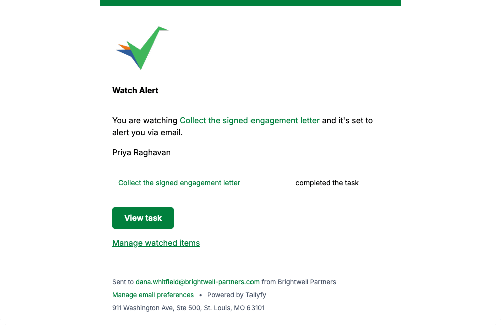 Tallyfy watch alert naming the watched task, the person who acted and what they did, with a View task button