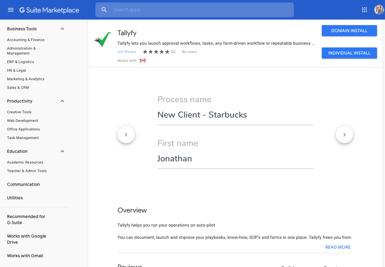 Tallyfy Gmail add-on in G Suite Marketplace