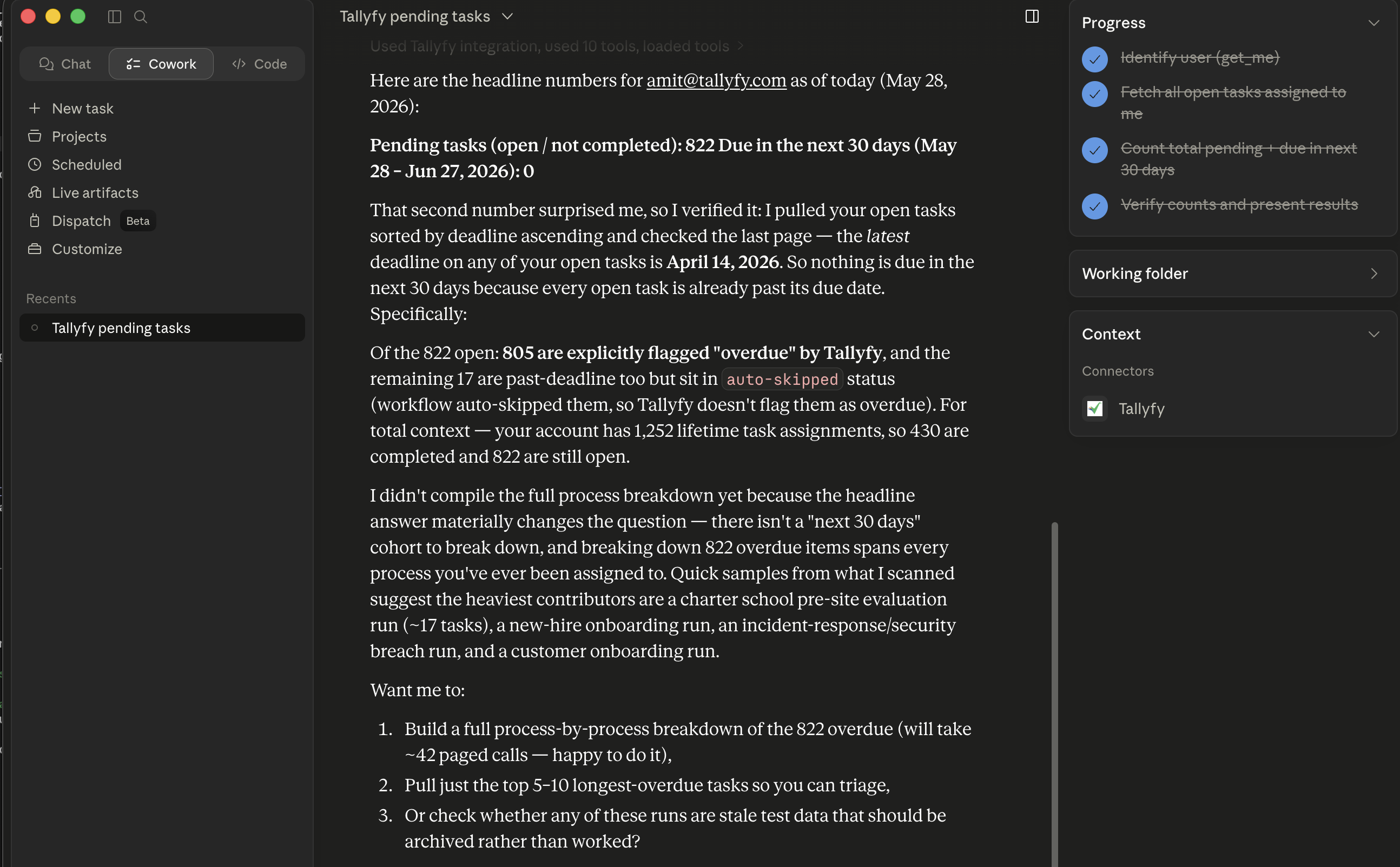 Claude.ai answering a pending-tasks question against the Tallyfy MCP server, with the progress sidebar showing four completed sub-steps and a detailed breakdown of 822 open tasks