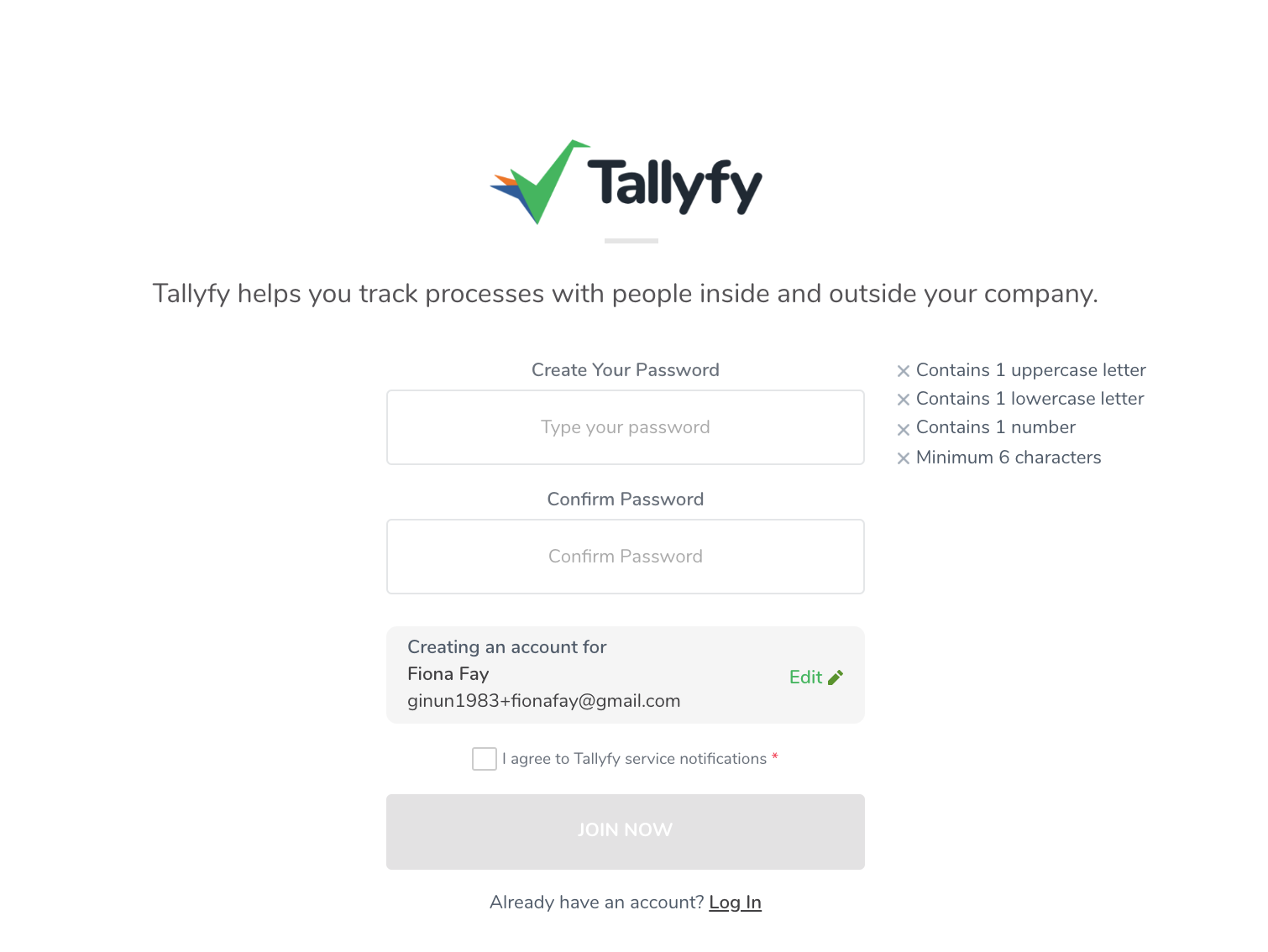 Tallyfy member activation password creation screen