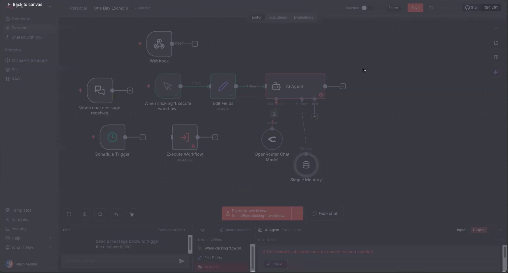 n8n AI Agent node connected to OpenRouter Chat Model and Simple Memory for building intelligent workflow automations