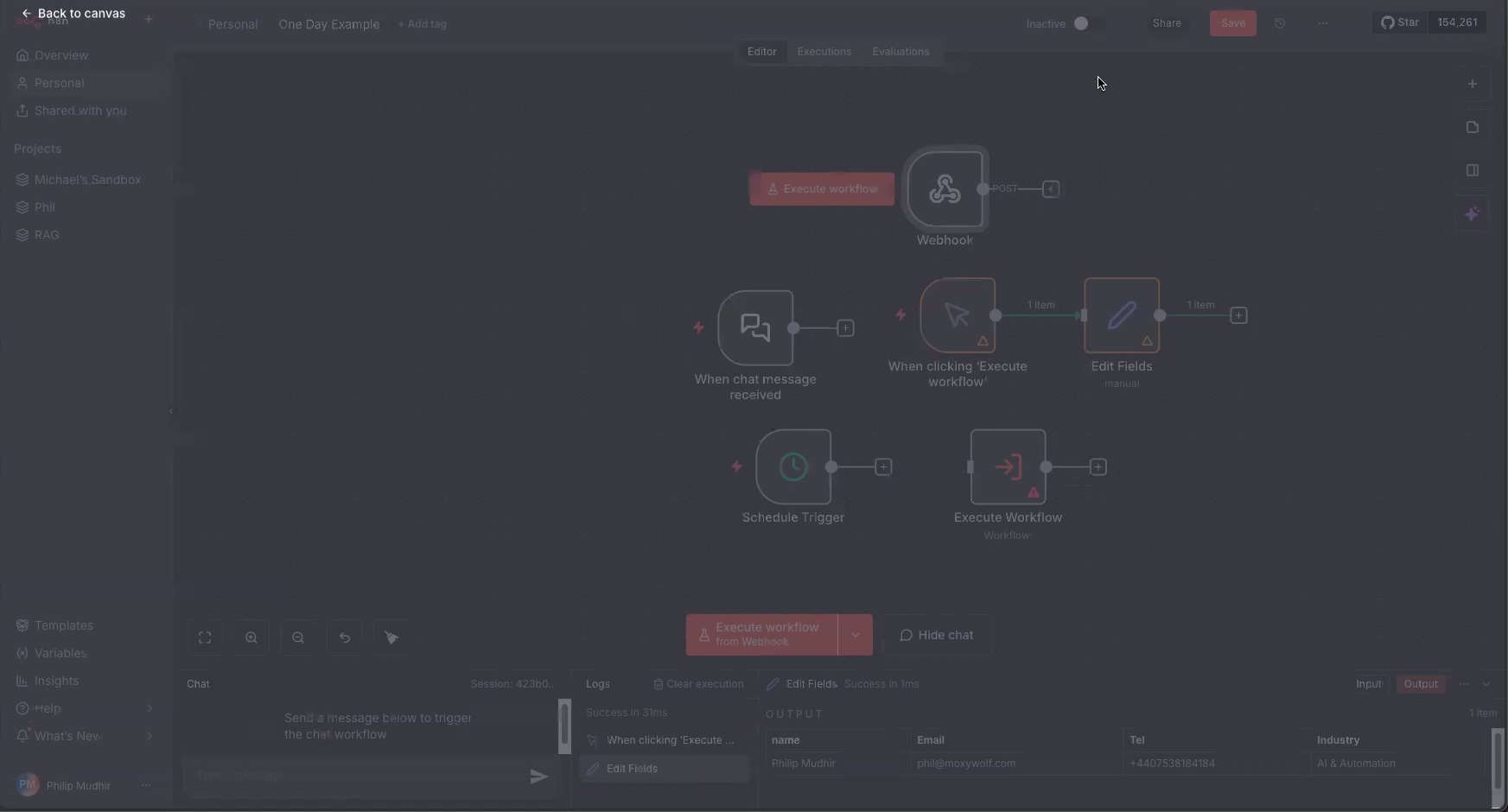 n8n workflow canvas showing multiple trigger types including Webhook, Chat message, Schedule Trigger, and Execute Workflow nodes