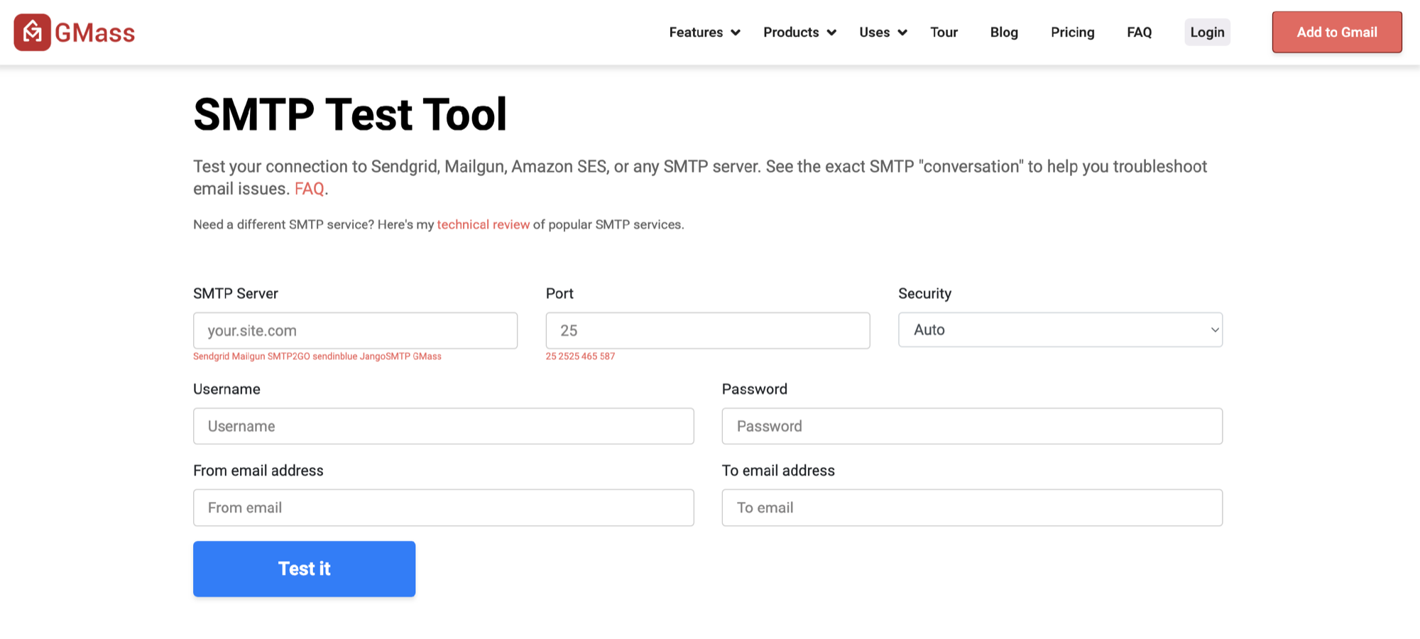 GMass SMTP Test Tool interface