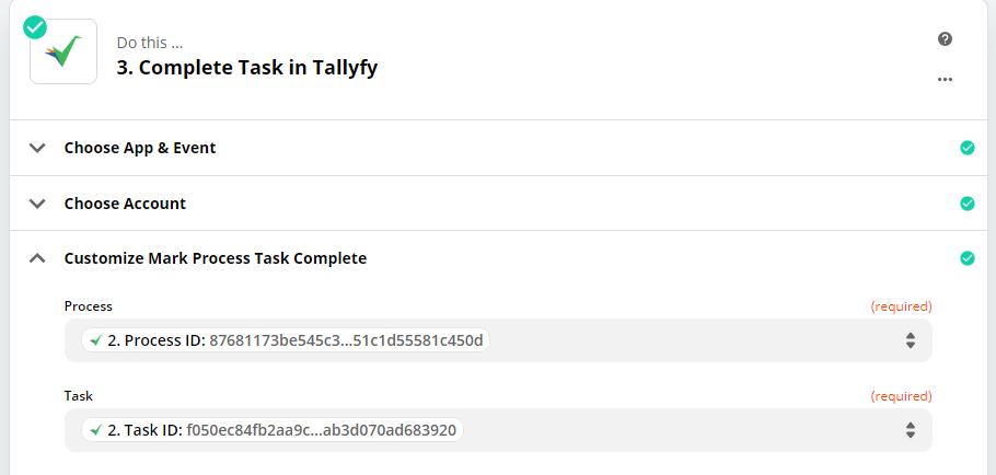 Zapier action configuration for Complete Task in Tallyfy