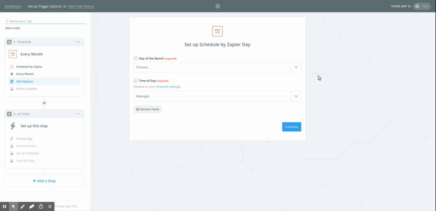 Zapier schedule day and time configuration